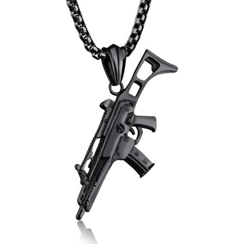 High Quality Trendy 316L Stainless Steel Black Color Mechanic HandGun Pendant Necklace Mens Unisexs Jewelry Box Chain 24"*3mm