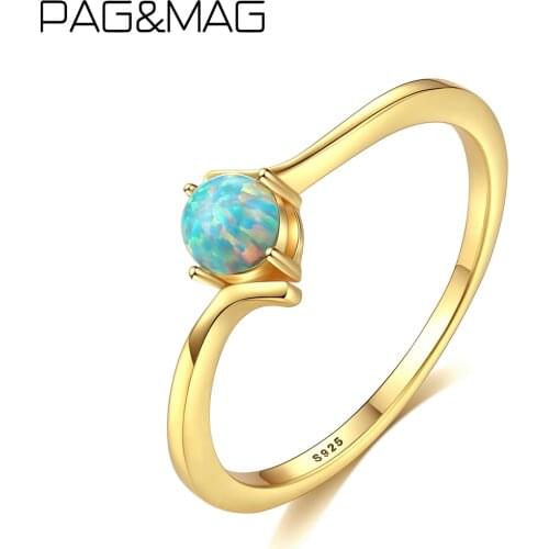 PAG&MAG Elegant Rainbow Bead Round Fire Opal Ring 925 Sterling Silver Finger Ring 18K Gold Promise Ring Jewelry Gift SR0293