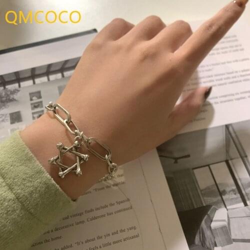 QMCOCO Minimalist 925 Silver Punk Hip-Hop Chain Brcacelet For Woman New Fashion Creative Hollow Out Geometric Party Jewelry Gift
