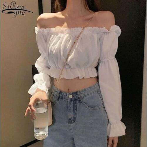 Sexy Blouses Off Shoulder Tops Long Sleeve 2021 New Women Tops Solid White Shirt Puff Sleeve Ruffles Chiffon Blouse Blusas 14315