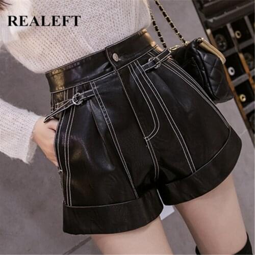 REALEFT Autumn Winter Vintage Black Womens Faux PU Leather Shorts 2021 New High Waist Lace Up Short Wide Leg Trousers Female
