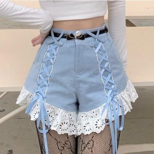 Sweet Lolita Style Shorts Summer Women Korean Lace Ruffles Patchwork Bandage High Waist Shorts Female Harajuku Punk Short Pants