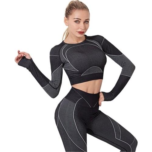 2020 Ombre Seamless Cropped Tops Long Sleeve Yoga Shirts Women Sport T Shirt With Thumb Hole Running Fitness Workout Gym Clothes