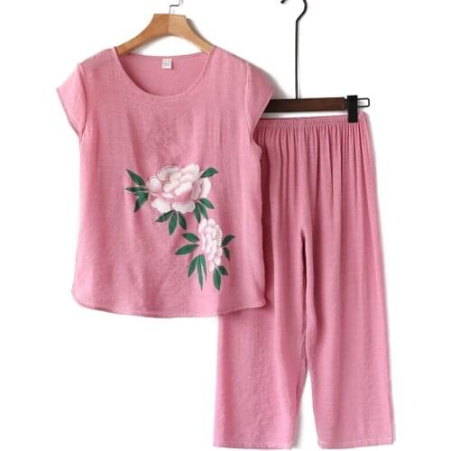 Comfortable Brief 2021 New Summer Sleepwear Flower Printing Set Woman Colorful Female Short Sleeve Simple Pajama Home 4XL Green