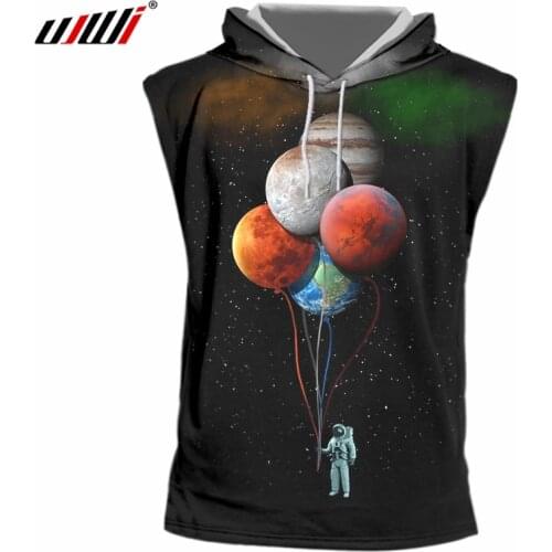 UJWI 2019 Mens Vest Astronaut Space Balloon Planet 3D Print Hooded Tank Top Short Fashion Casual Clothing Plus Size 5XL