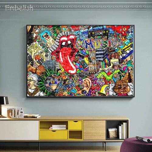Embelish 1 Pieces Wall Posters For Living Room Music Collage On A Large Brick Wall Graffiti Pictures Home Decor Canvas Paintings