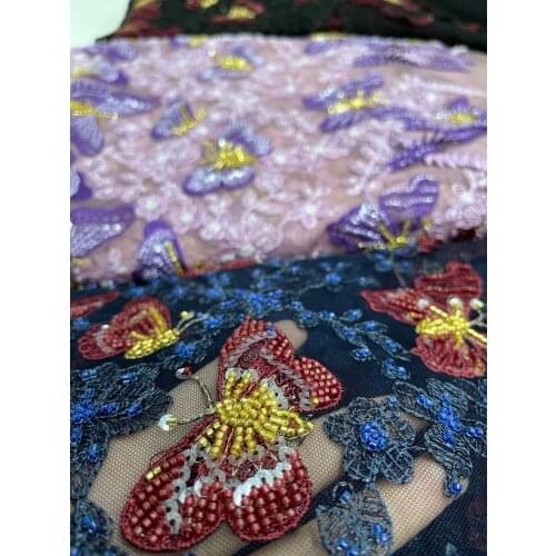 High Quality Beaded Hot Selling African Butterfly Flowers Fabric Pretty JRB-5.42710 Embroidered Tulle Mesh for Party Dress