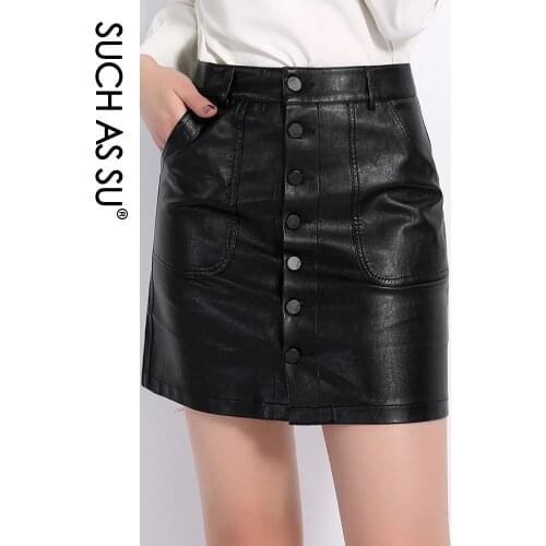 High Waist Leather Skirt 2018 New Fashion Fall Winter PU Pockets Button Mini A Line Skirts S-XXXL Plus Size Black Skirt Female