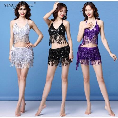 Cheap Women Dance Clothing Sequins Outfit Nightclub Wear Belly Dance Costume Set Top and Belt Fringes Latin Dance Dress New