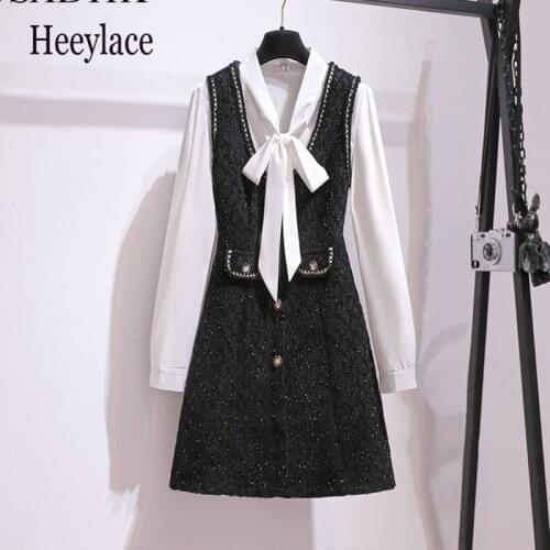 Office Ladies Elegant Tweed Two Piece Set Dress Autumn Women Bow Collar White Shirt + Woolen Gold Line Button Vest Dresses Suit