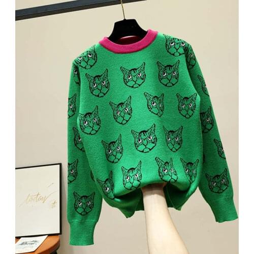 Spring Autumn Cotton Womens Sweater Round Collar Long Sleeve Pullover Knitted Cartoon Embroidery Loose Fashion Casual Sweater