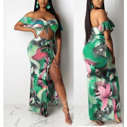 Womens Fashion Tie-Dye Printing Sexy One-Shoulder Ruffled Halter Back Split Dresses