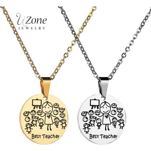 UZone Stainless Steel Best Teacher Cartoon Pendant Necklace Women Souvenir Jewelry Student Round Pendant Gift la mejor profesora