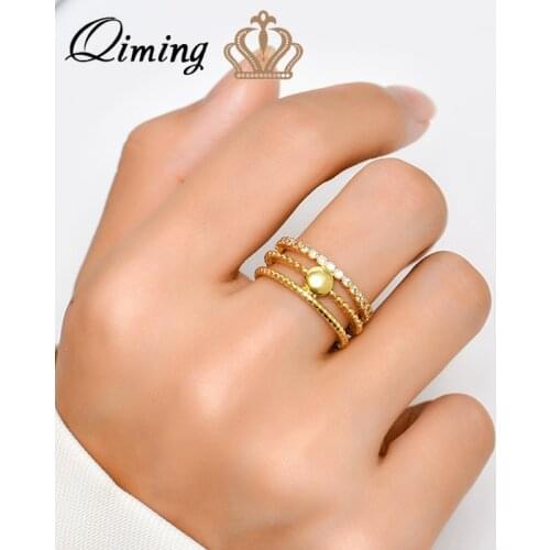 QIMING Golden Metal Fashion Indian Rings For Women Ladies Zircon Crystal Handmade Jewelry Finger Ring Bague Gift