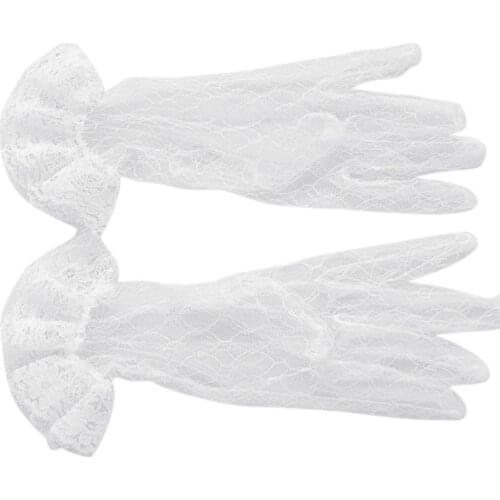 1 Pair White Bridal Wedding Short Gloves Full Fingered Transparent Rhombic Gauze Ruffle Lace Trim Wrist Length Mittens Party