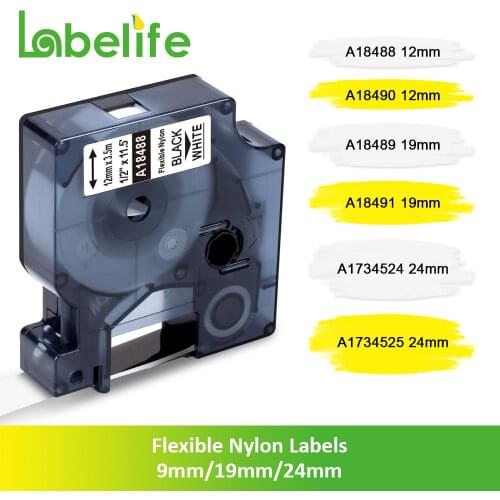 1PC 18488 18490 18489 18491 Compatible for DYMO Rhino Industrial Flexible Nylon Label Tapes for DYMO Rhino 5200 Label Maker 12mm