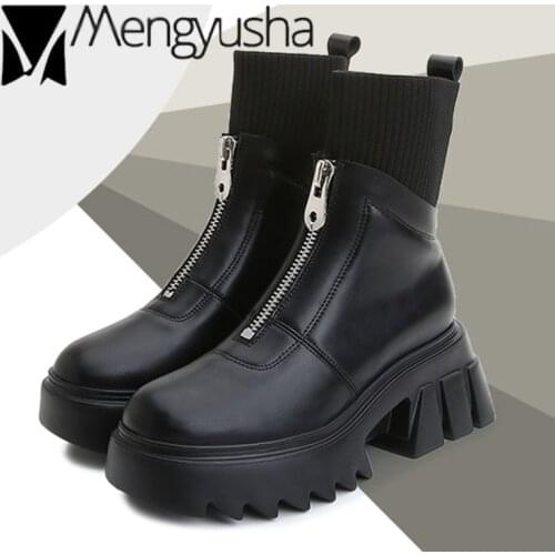Front Zipper riding boots women knitted sock booties female winter plush platform boots chunky high heels botas big size 34-43