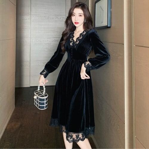 Balck Vintage Dress Female High Waist Korean Clothing Spring 2021 Gothic Dress Women Long Sleeve Midi Elegant Velvet Party Dress