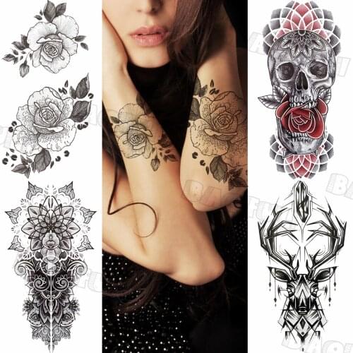 Black Big Peony Temporary Tattoos For Women Adult Rose Skull Deer Geometry Realistic Fake Tattoo Waterproof Body Art Tatoo Decal