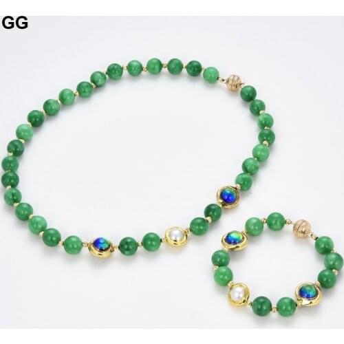 GG Jewelry Natural Freshwater Cultured Keshi Pearl Green Round Jade Gold Blue Murano Glass Necklace Bracelet Sets For Women