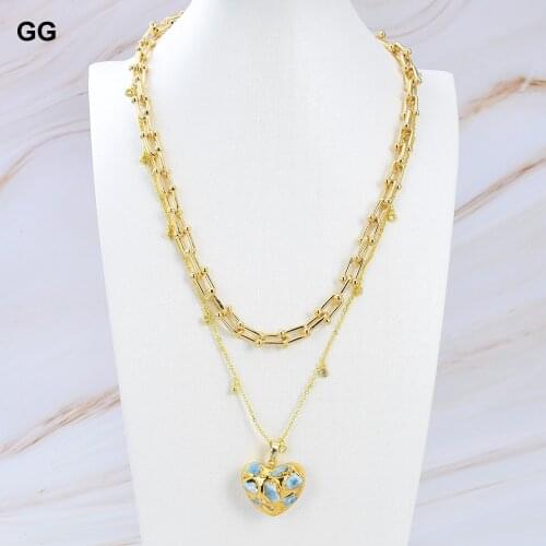 GG Jewelry Natural Heart Shaped Blue Larimar Pendant necklace Gold color Plated Chain Layers statement Necklace 20" Gifts women