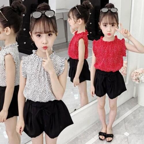 Summer Toddler Teen Girls Clothing Sets Kids Clothes Set Sleeveless Dot Blouse Tops + Shorts 2 Piece Suit 6 8 10 12 Year JW8126
