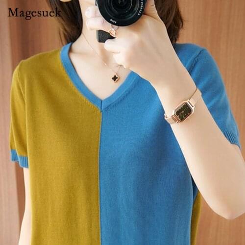 Korean Casual Loose V-neck Shirts for Women 2021 Summer Cotton Thin Knitted Short Sleeve Women Shirt Pullover Ladies Tops 9437