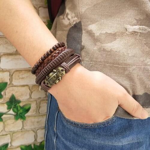 4pcs/Set Leather Bracelet Men Multilayer Bead Bracelet Punk Wrap Bracelets for Women Vintage punk Men Jewelry Multi Color Select