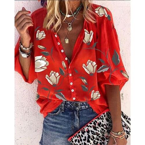 Summer Women Plus Size Vintage Floral Print T-Shirt Femme Lantern Sleeve Button Front Tunic Ladies Casual Blouse 2021 New Clothe