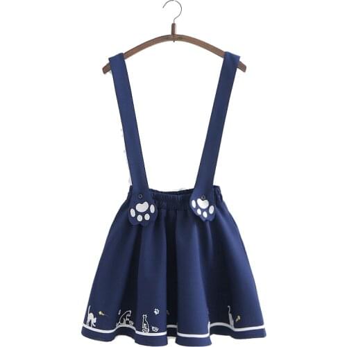 Womens Cute Cat Paw Embroidered Adjustable Suspender Pleated Lolita Mini Skirt For Student