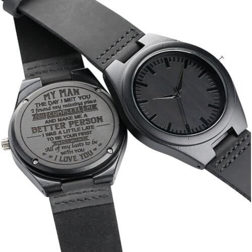 Minimalist Natural Wooden Bamboo Black Leather Band Strap Wrist Watch Military Men Women Best Valentines Day Gift for Lover