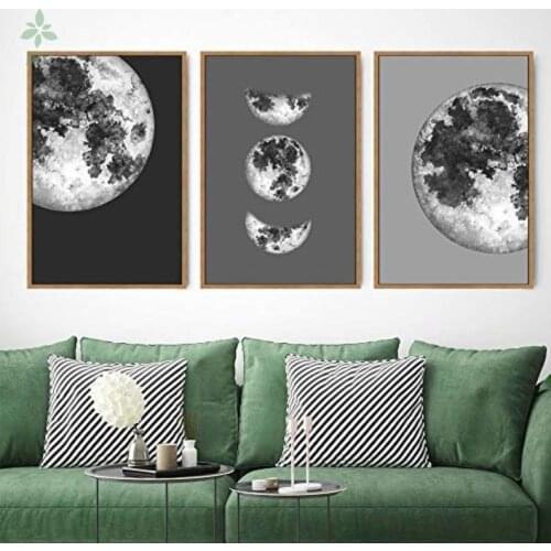 Moon Phases Print Set Of Three Black And White Canvas Moon Wall Art Lunar Minimalist