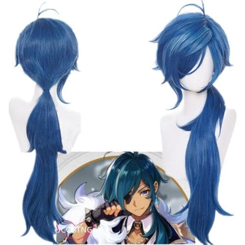 Genshin Impact Kaeya Cosplay Men 80cm Long Ink-blue Wig Cosplay Costume Heat Resistant Synthetic Hair Peluca Anime Wigs