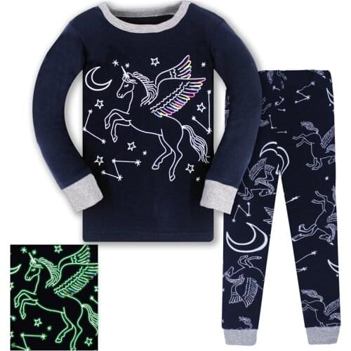 Long Sleevee Unicorn Print Luminous Girls Pajamas New Arrival Kids Girls Home Wear Baby Sleepwear Sets Top and Bottom