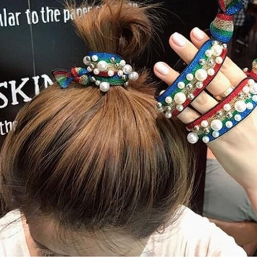 Rainbow Hair Ties Woman Korean Pearl Girl Ponytail Holder Rubber Band Hair Gum Rope Lady Hair Accessories Scrunchies