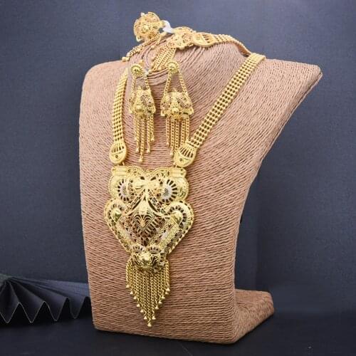 Luxury Afraic Jewelry Set Gold Color Pendant Necklace Bangels Earrings Rings Set For Women Girls Party Birthday Ethnic Gifts