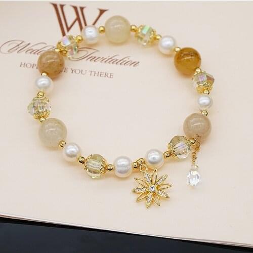 Lucky Flower Pendant Gold Color Crystal Stone Natural Freshwater Pearls Beaded Strand Bracelets for Women Fashion Jewelry YBR442