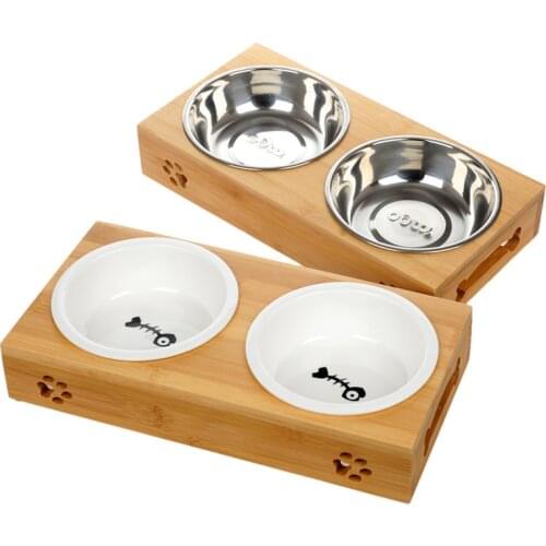 New Fashion Dog Feeders Bowl Bamboo Tableware Ceramic and Stainless Steel Double Mouth Dog Bowl High Grade Antiskid Pet Supplies