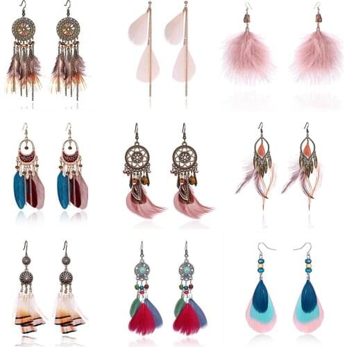 Rinhoo Vintage Bohemian Feather Dangle Earrings Leaves Stars Ethnic Tassel Ear Hook Drop Earrings Women Brincos Female Jewelry