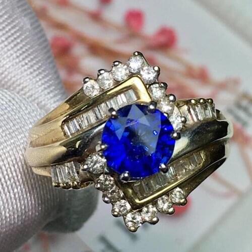 Fine Jewelry 14K Gold 100% Natural Royal Blue Sapphire 1.3ct Gemstones Sapphire Diamonds Female Wedding Rings