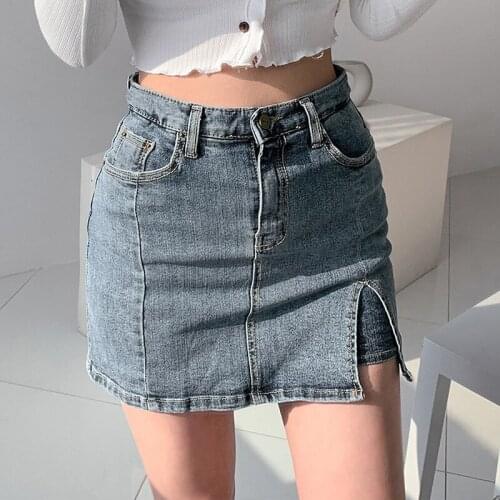 Women Jeans Skirt Denim Bodycon Side Split Cut Out Sexy Mini Straight Skirts Aesthetic High Waist Summer Fashion Clothes 2020
