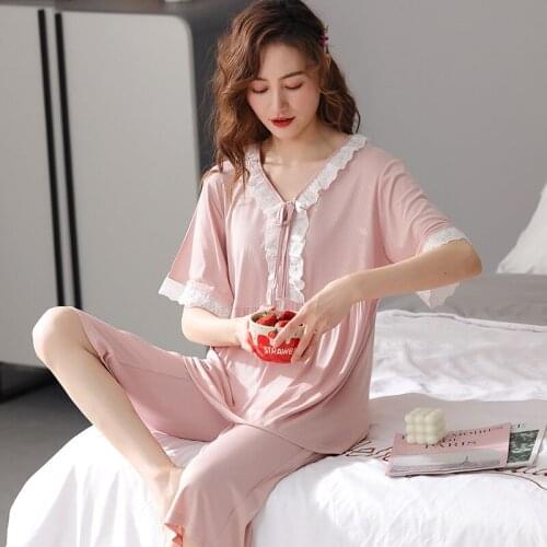Spring/summer Short Sleeve Women Pajamas Set Pure Cotton Lace Up Joint Laceedge Homewear Cute Hot Sell Two-piece Female Nightie