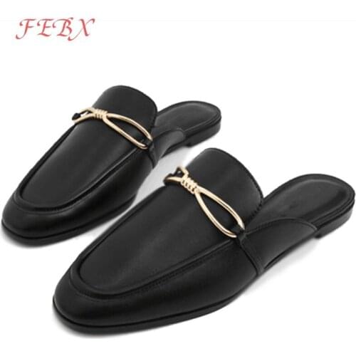 Women Mules Ladies Slip-On PU Leather Metal Decoration Flats Female Fashion Comfortable Outdoor Shoes Plus Size Womens Footwear