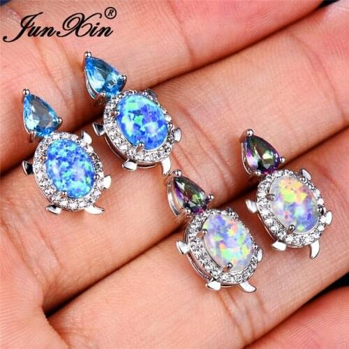 JUNXIN Cute Turtle Stud Earrings For Women Silver Color Pear Teardrop Zircon Oval Blue White Fire Opal Earrings CZ