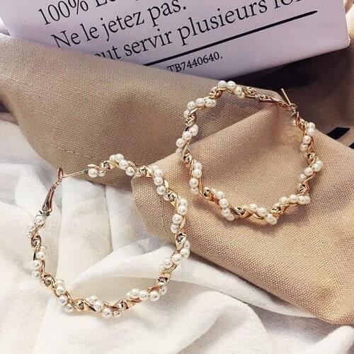 Korean Big Hoop Earrings For Women Fashion Gold Pearl Twisted Circle Drop Earrings Brincos Korean Boucle D'oreille Femme 2020