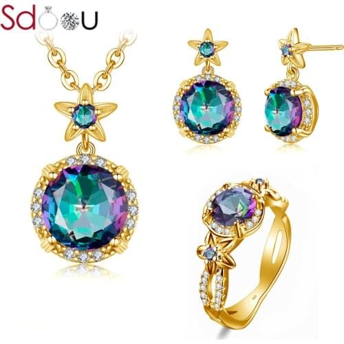 SDOOU Gold Jewelry Sets For Women Real Silver Ring Earring Pendant Rainbow Topaz Flower Luxury Brand Jewelry Valentines Day Gift
