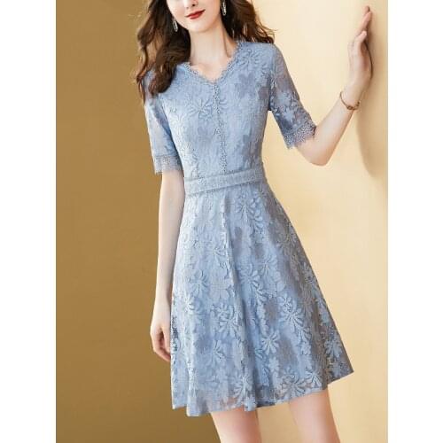 Blue Lace Dress Women 2021 Summer Fashion Slim A-Line Dresses Elegant Luxury Ladies Party Dress Hollow Out Short Sleeve