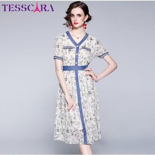 TESSCARA Women Summer Elegant Chiffon Dress Festa High Quality Office Lady Party Robe Femme Runway Designer A-Line Vestidos