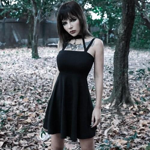 Ruibbit Gothic Dress Women Black Hollow out Backless Summer A-Line Camisole Dresses Fashion Sexy Gothic Mini Dresses