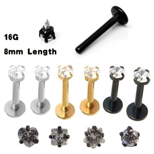 1.2x8x3mm 16G Internally Threaded Labret Lip Ring Heart Star Round Square Dia Cut Clear Gem Prong tragus ear piercing jewelry